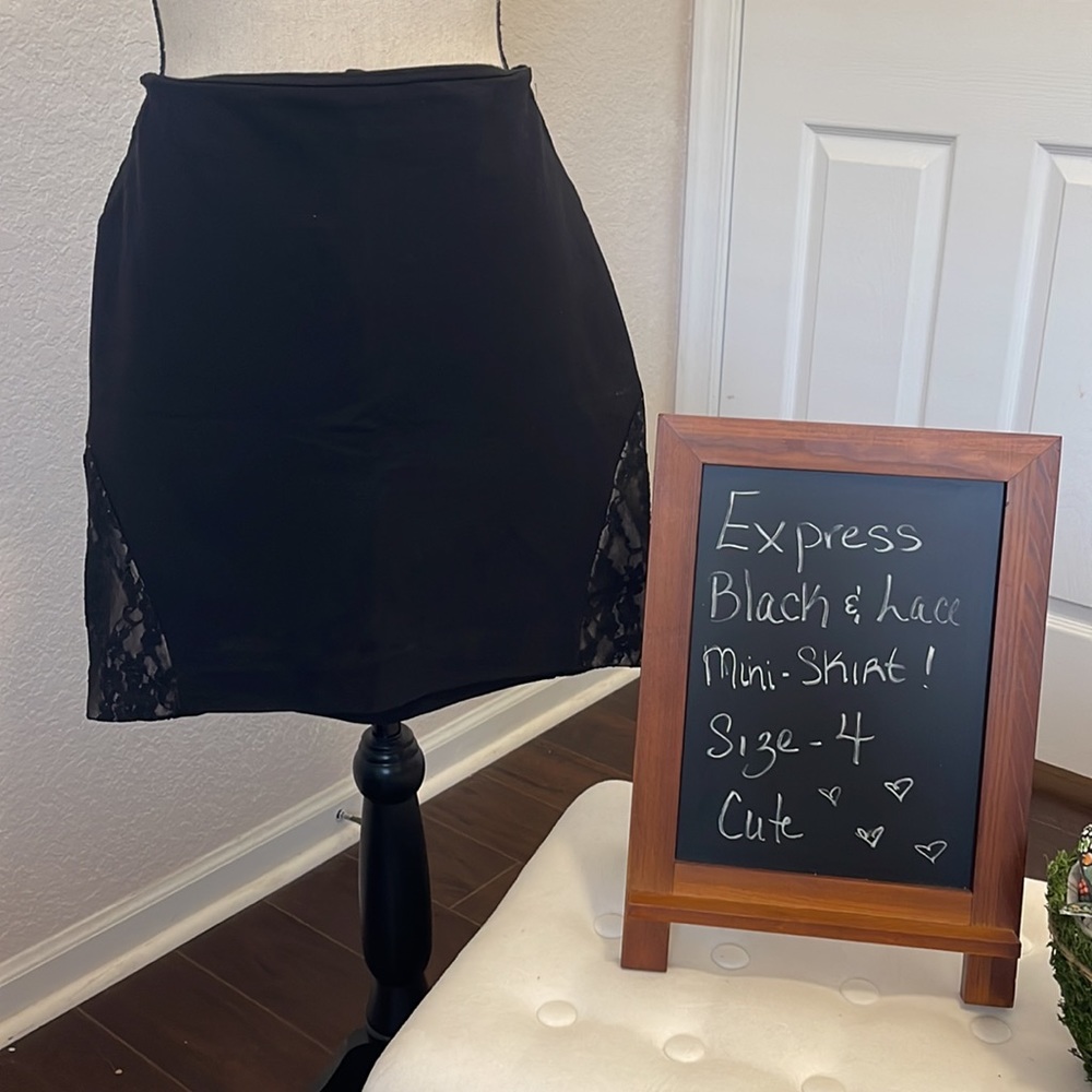 🖤 Express Black mini skirt with lace appliqués and nude contrast. Super sexy- 4